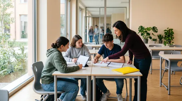 Un'insegnante con quattro studenti al lavoro attorno a un tavolo in aula