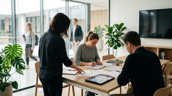 Tre docenti al lavoro su una griglia di valutazione attorno a un tavolo, in un'aula contemporanea con pareti di vetro