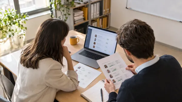 Due persone in ufficio verificano su laptop e documenti un software di selezione automatica dei candidati.