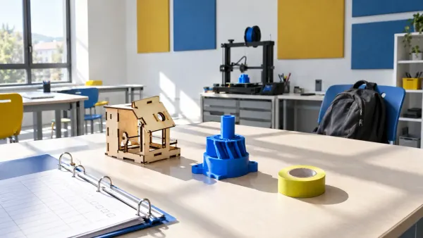 Laboratorio maker vuoto con prototipi, scheda di valutazione e stampante 3D sullo sfondo.