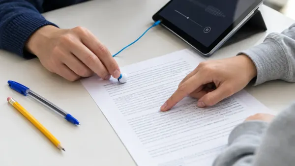 Due mani usano tablet e foglio stampato durante una verifica di storia.