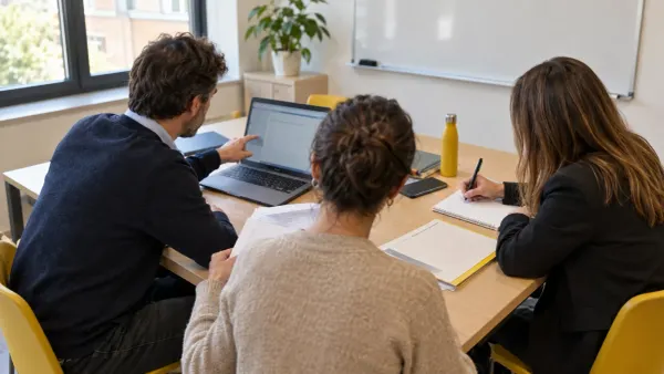 Tre docenti in riunione con laptop, registro elettronico e documenti su orientamento scolastico