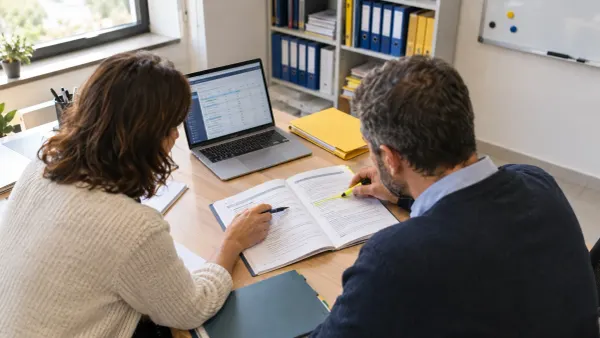 Docente e coordinatore consultano registro e regolamento di istituto in segreteria scolastica.