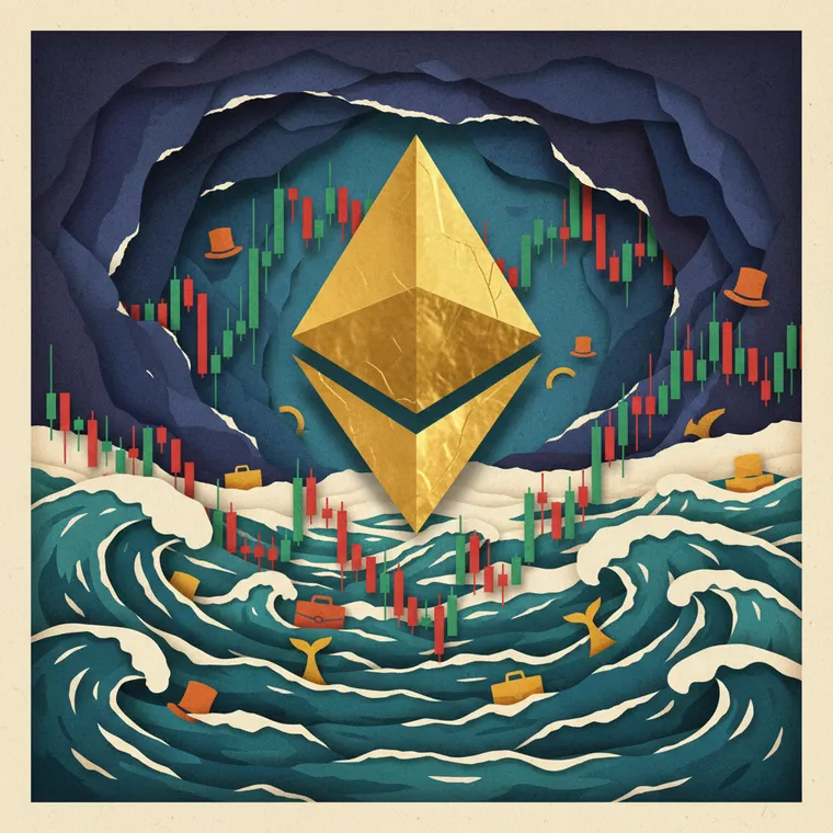 이더리움(Ethereum) $2,500 가격 전망과 기관 투자자 동향을 보여주는 페이퍼컷 콜라주 일러스트레이션