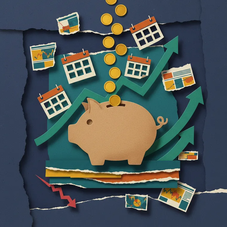 암호화폐 DCA 적립식 투자 전략 꾸준한 수익 성장 페이퍼컷 콜라주 일러스트레이션