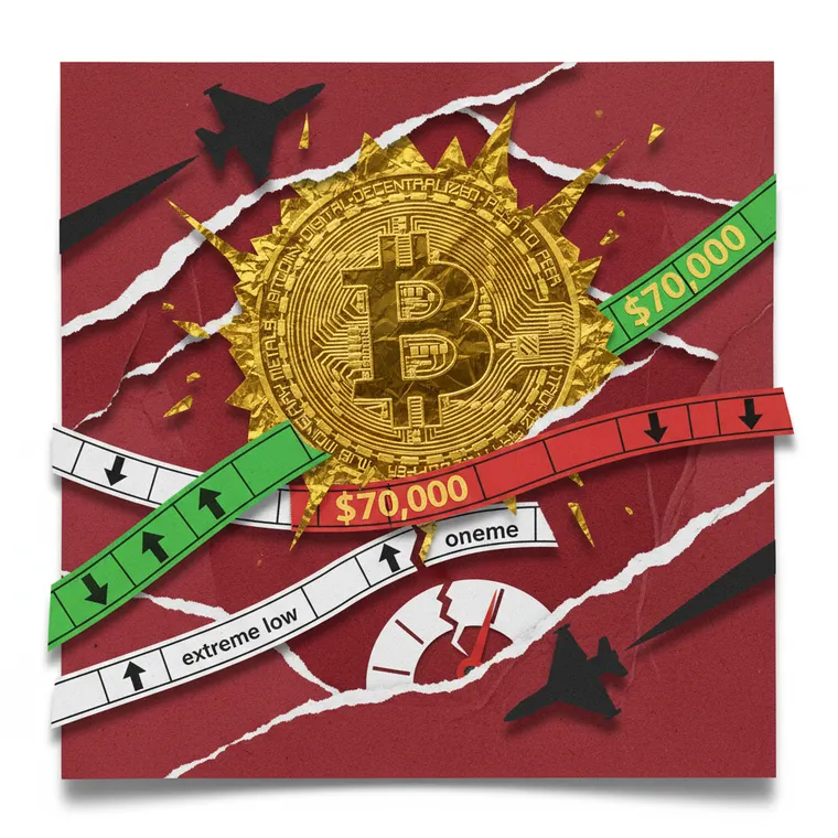 비트코인 이란 공습 급반등 극단적 공포 암호화폐 시장 긴급 브리핑 페이퍼컷 콜라주 일러스트레이션