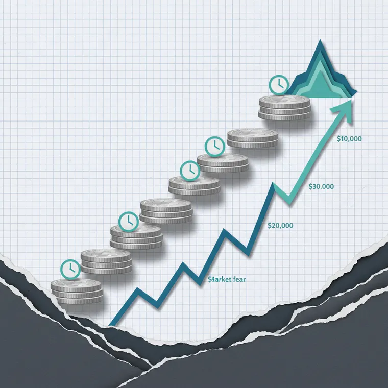 암호화폐 DCA 적립식 투자 전략 단계별 코인 축적 상승 그래프 페이퍼컷 콜라주 일러스트레이션