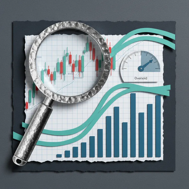 암호화폐 차트 분석 RSI MACD 볼린저밴드 캔들차트 기술적 지표 실전 가이드 페이퍼컷 콜라주 일러스트레이션
