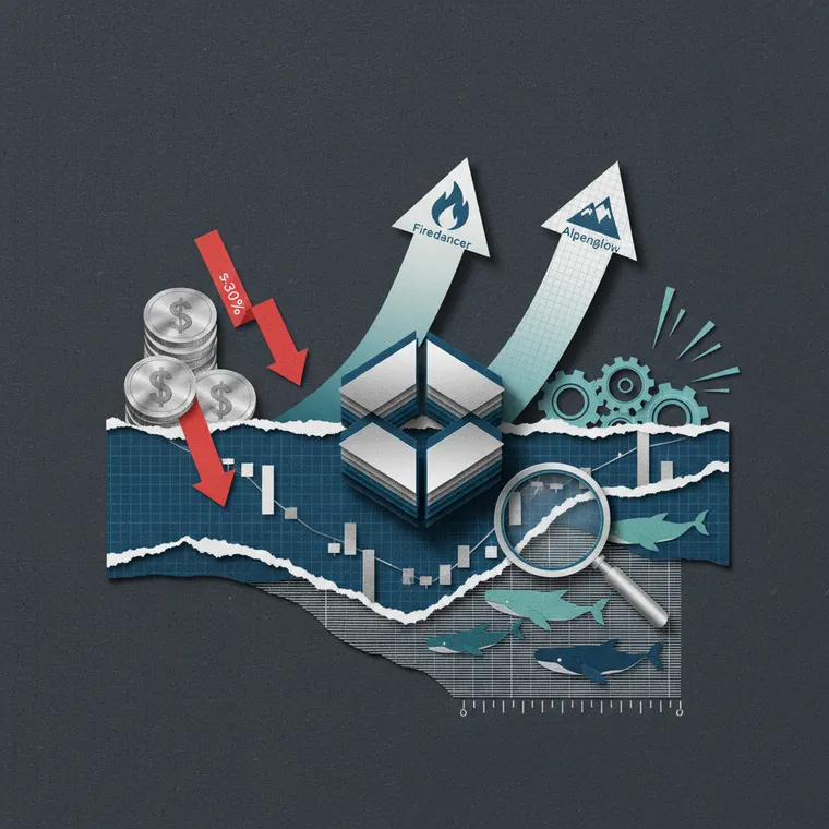 솔라나 SOL 가격 하락과 Firedancer Alpenglow 기술 업그레이드를 상징하는 페이퍼컷 콜라주 일러스트레이션