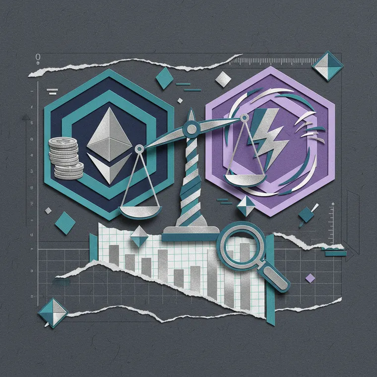 이더리움과 솔라나 비교 분석을 나타내는 페이퍼컷 콜라주 일러스트레이션 — 두 L1 블록체인의 저울 위 균형