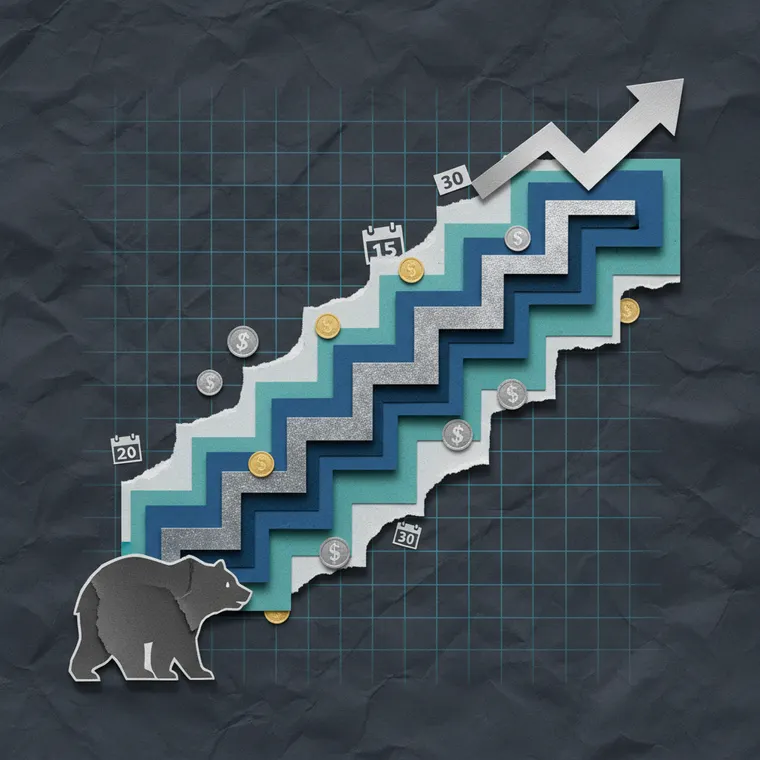 암호화폐 DCA 분할매수 전략을 계단식 상승으로 표현한 페이퍼컷 콜라주 일러스트레이션