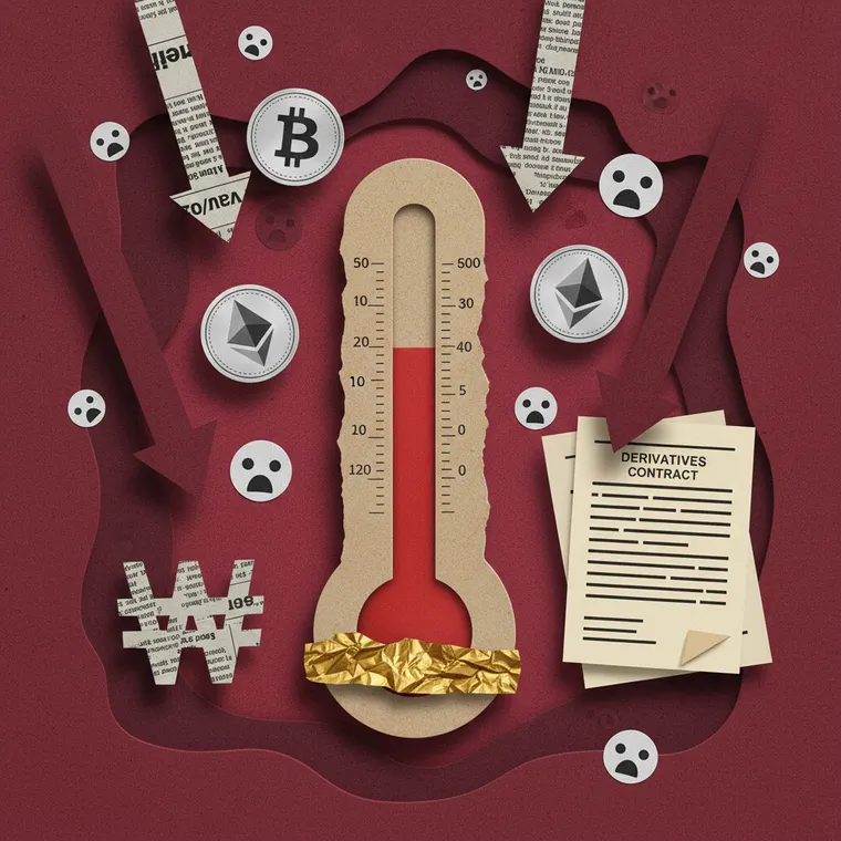 공포탐욕지수 극단적 공포를 표현한 페이퍼컷 콜라주 스타일 암호화폐 시장 일러스트레이션