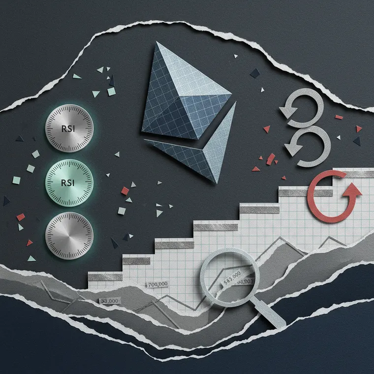 이더리움 ETH 트리플 오버솔드 시그널 분석 일러스트레이션 - 하락과 반등 가능성을 표현한 페이퍼컷 콜라주