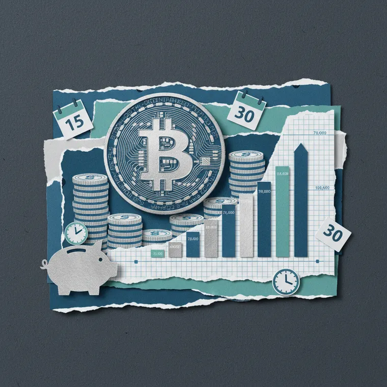 암호화폐 적립식 투자 DCA 전략을 상징하는 비트코인 코인과 성장 차트 페이퍼컷 콜라주 일러스트레이션