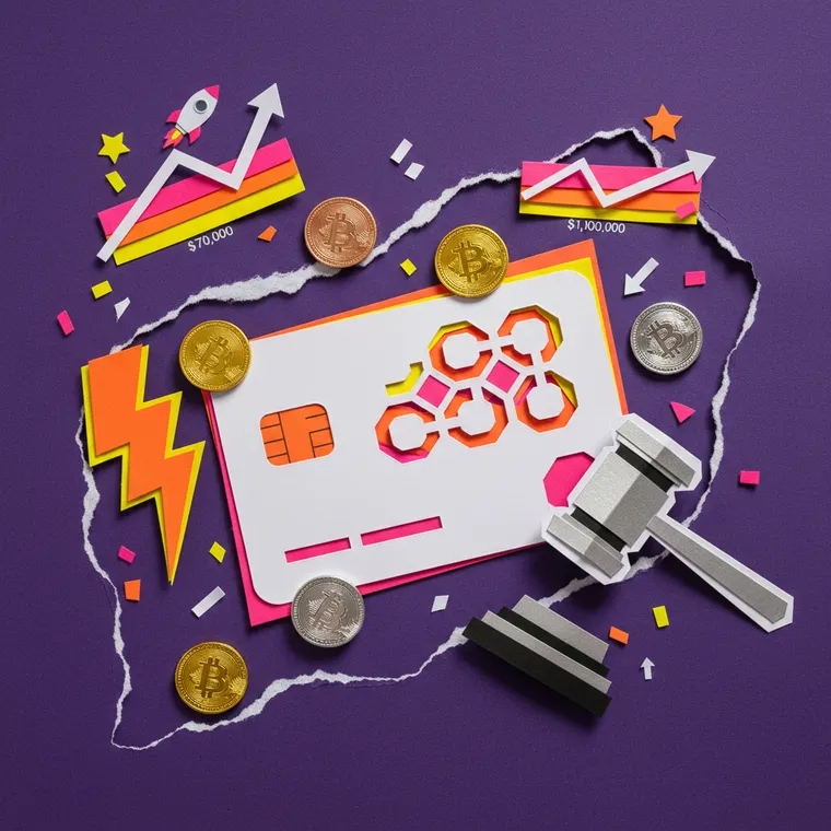 마스터카드 크립토 파트너십과 Aave 청산 사태를 상징하는 페이퍼컷 콜라주 일러스트레이션