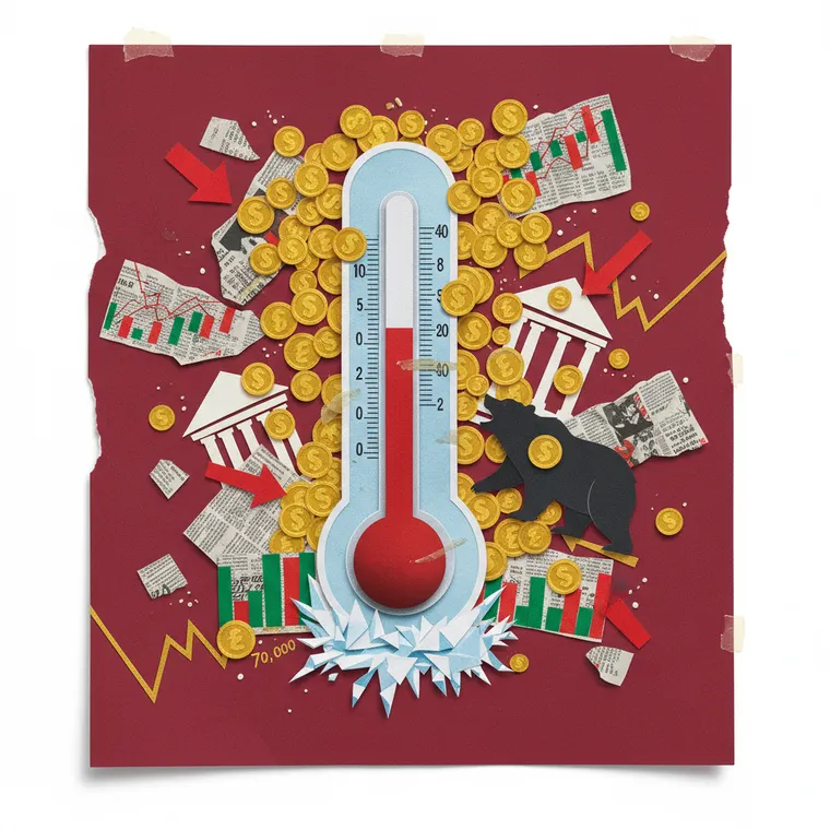 공포탐욕지수 극단적 공포를 상징하는 하락 온도계와 비트코인 페이퍼컷 콜라주 일러스트