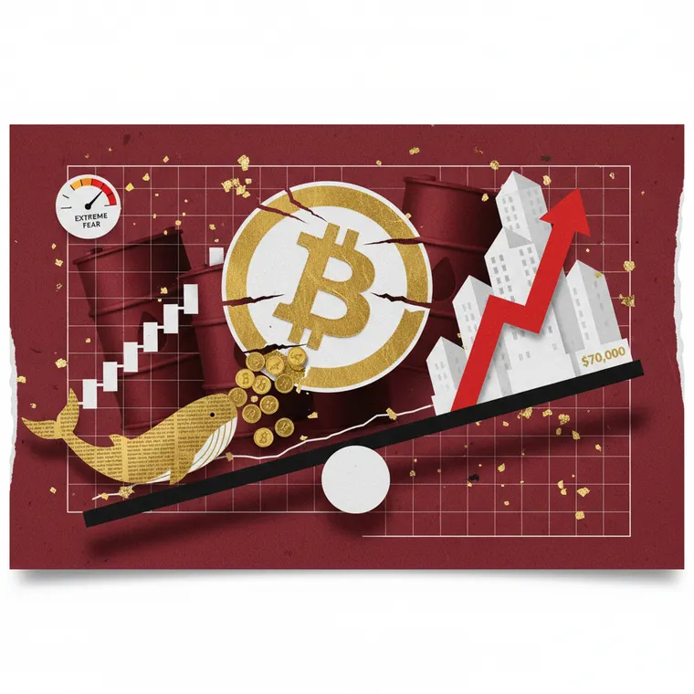 비트코인 고래 매도와 기관 매수 엇갈림을 표현한 페이퍼컷 콜라주 일러스트레이션