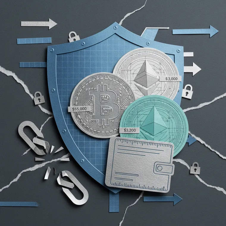 암호화폐 안전 보관을 상징하는 방패와 하드웨어 월렛 페이퍼컷 콜라주 일러스트레이션