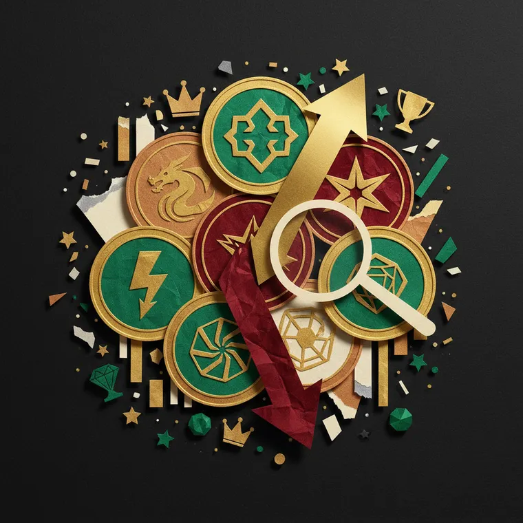 극단적 공포장에서 매수할 암호화폐 6종을 상징하는 골드·에메랄드 페이퍼컷 콜라주 일러스트