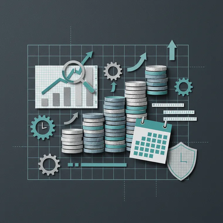 암호화폐 DCA 적립식 투자 전략을 상징하는 단계적으로 높아지는 코인 기둥과 캘린더 페이퍼컷 콜라주 일러스트