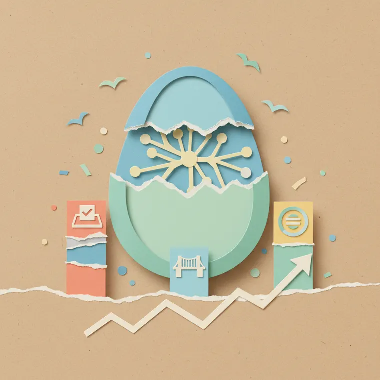 Nestree 생태계 EGG 토큰 Vote.Token Bridge 3대 인프라를 상징하는 페이퍼컷 콜라주 일러스트레이션