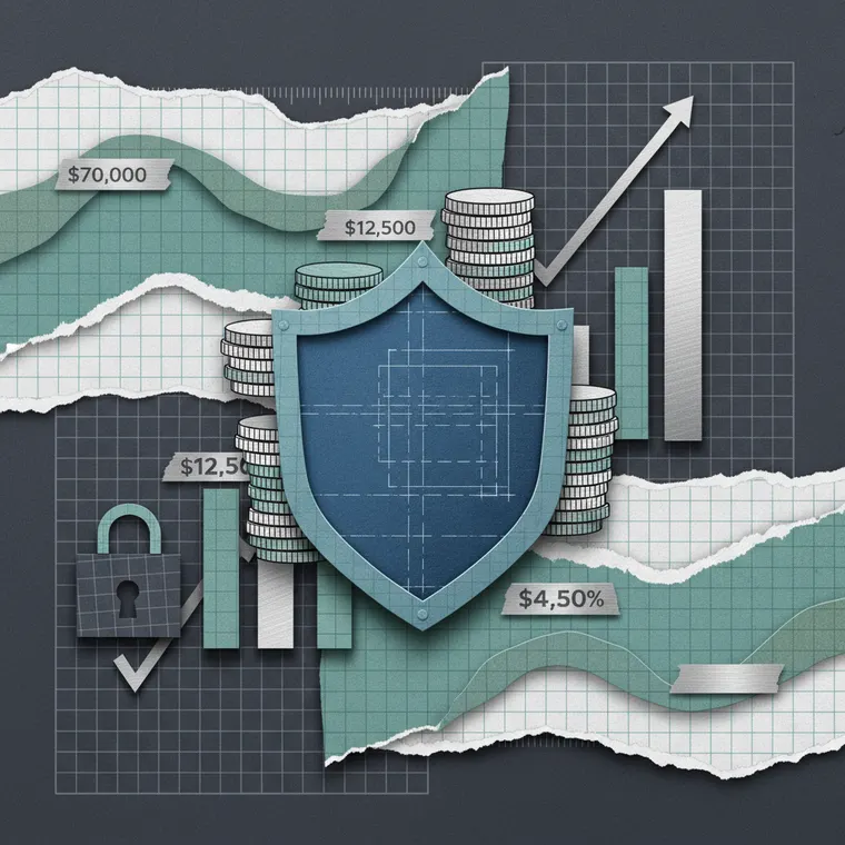암호화폐 투자 전략 가이드 일러스트 - 포트폴리오 보호 방패와 코인 적립 차트 페이퍼컷 콜라주
