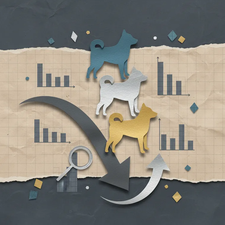 밈코인 DOGE SHIB PEPE 가격 하락과 바닥 신호를 상징하는 페이퍼컷 콜라주 일러스트