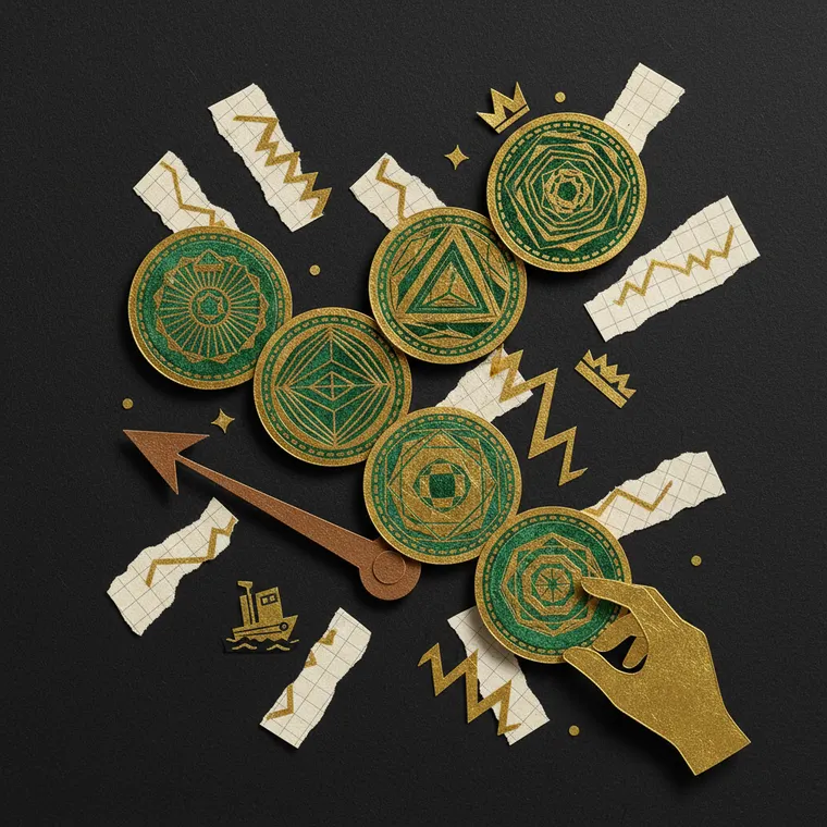 극단적 공포장에서 주목할 암호화폐 TOP 6 코인을 상징하는 페이퍼컷 콜라주 일러스트레이션