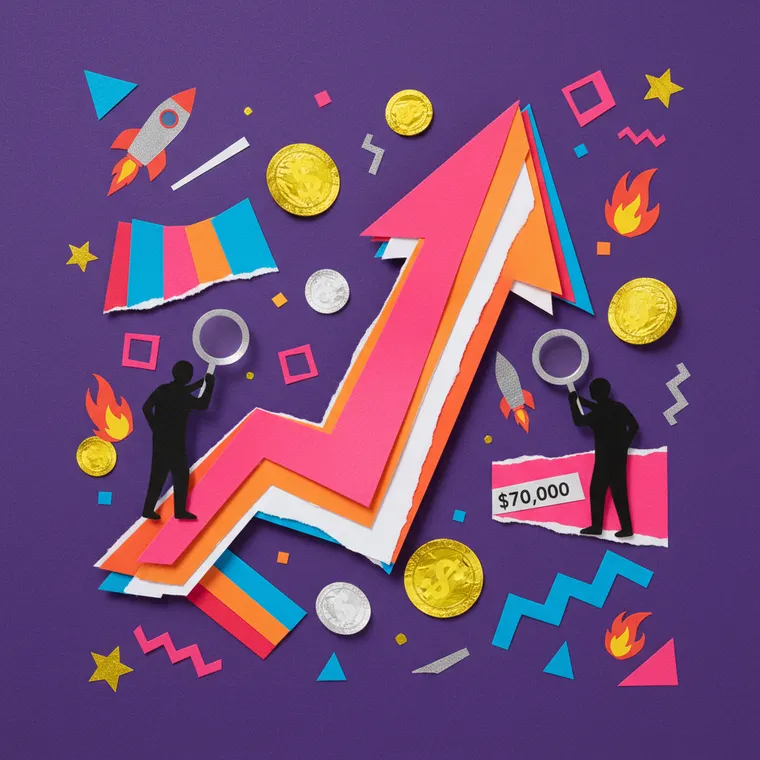 DKA 급등과 TRUMP 거래량 급증을 상징하는 페이퍼컷 콜라주 일러스트레이션