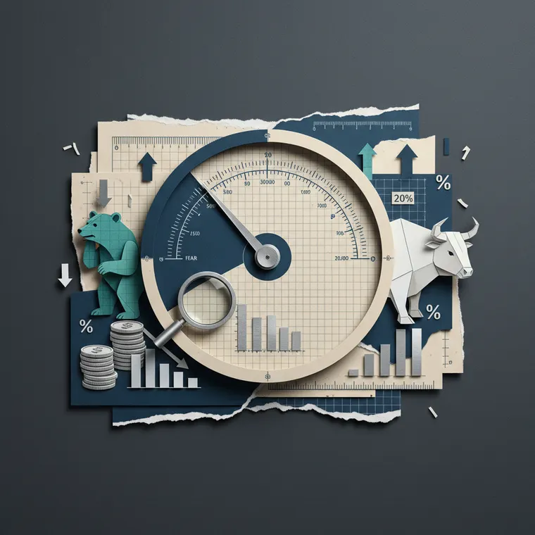 암호화폐 공포탐욕지수 게이지 미터가 극단적 공포 구간을 가리키는 페이퍼컷 콜라주 일러스트레이션