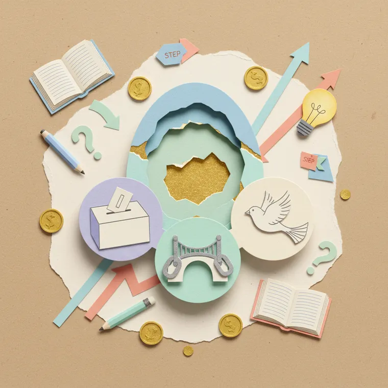 Nestree 생태계 EGG 토큰 Vote.Token Bridge 구성요소를 종이 콜라주 스타일로 표현한 일러스트레이션