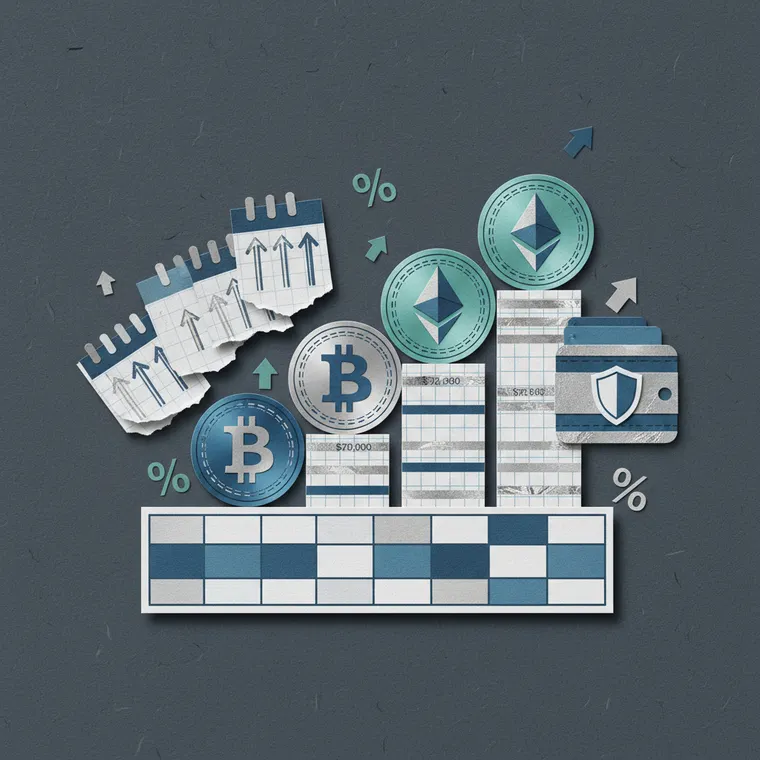 암호화폐 장기 투자 전략을 상징하는 DCA 적립식 매수, 스테이킹, 하드웨어 지갑 보안 요소의 페이퍼컷 콜라주 일러스트