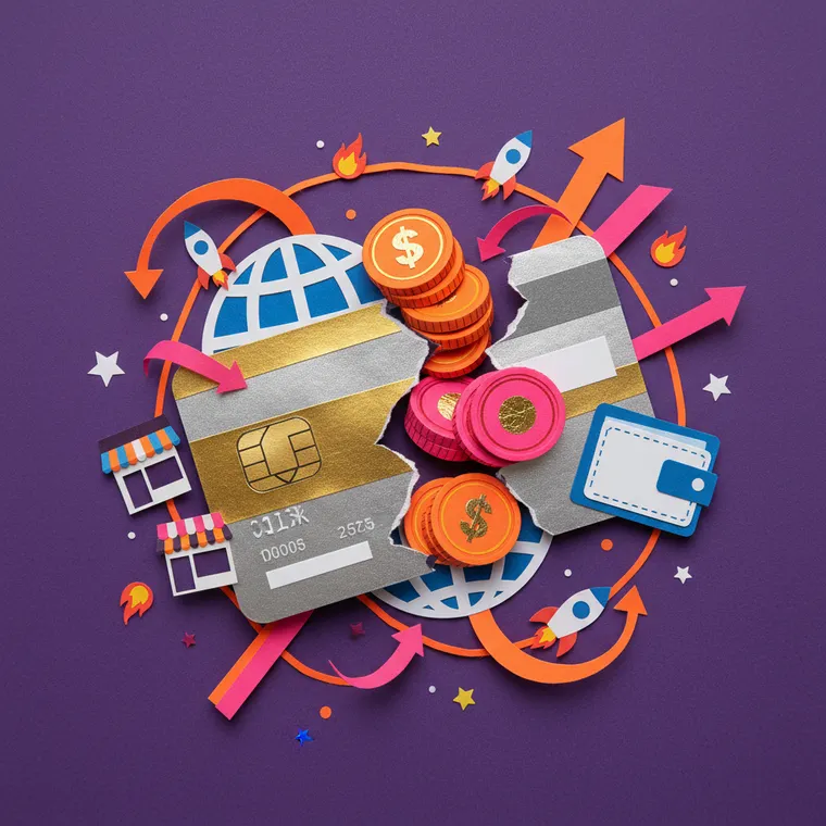 마스터카드 BVNK 스테이블코인 인수를 상징하는 신용카드와 디지털 코인 페이퍼컷 콜라주 일러스트