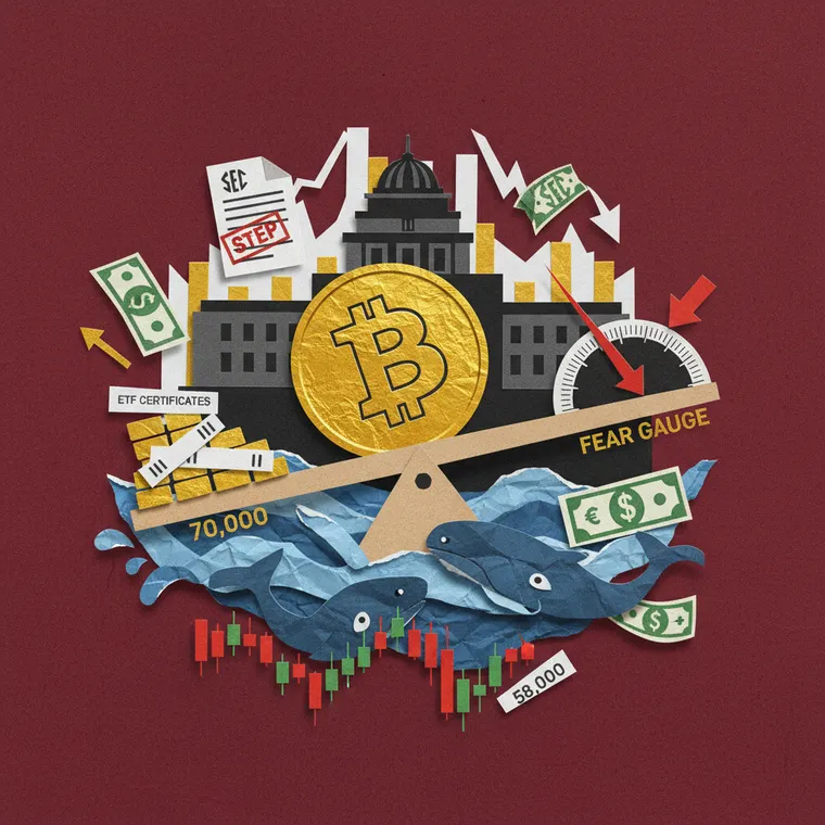 비트코인 FOMC 급락과 ETF 기관 유입을 표현한 페이퍼컷 콜라주 일러스트레이션
