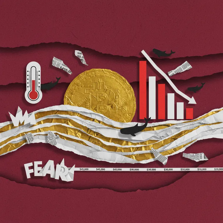비트코인 하락과 극단적 공포 시장을 표현한 페이퍼컷 콜라주 일러스트레이션