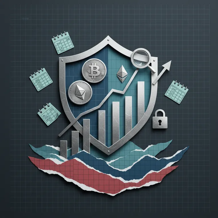 크립토 하락장 생존 가이드 일러스트: DCA 적립식 투자, 스테이킹 수익, 보안 전략을 상징하는 페이퍼컷 콜라주