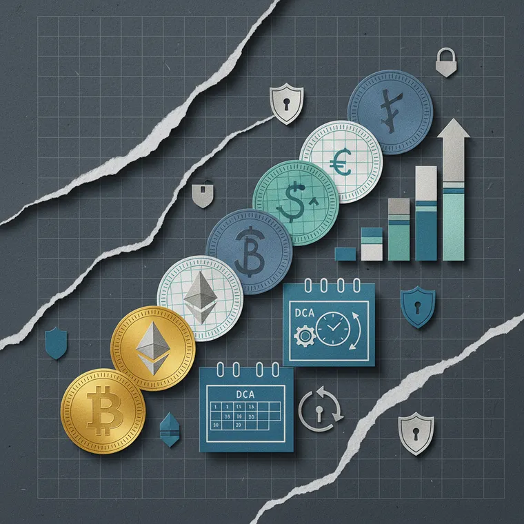 암호화폐 DCA 적립식 투자와 스테이킹 패시브 인컴 수익률 성장을 나타내는 페이퍼컷 콜라주 일러스트