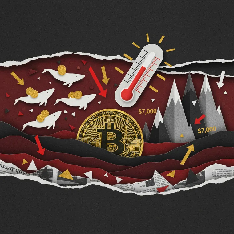 공포탐욕지수 극단적 공포 구간에서 고래 매집을 상징하는 페이퍼컷 콜라주 일러스트레이션