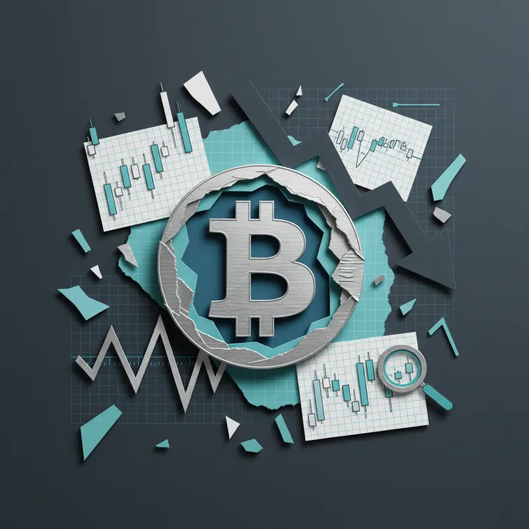 비트코인 가격 하락과 시장 사이클을 표현한 페이퍼컷 콜라주 일러스트레이션