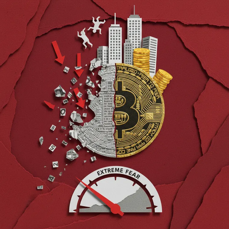 비트코인 기관 매수 vs 리테일 청산 양극화를 표현한 페이퍼컷 콜라주 일러스트레이션