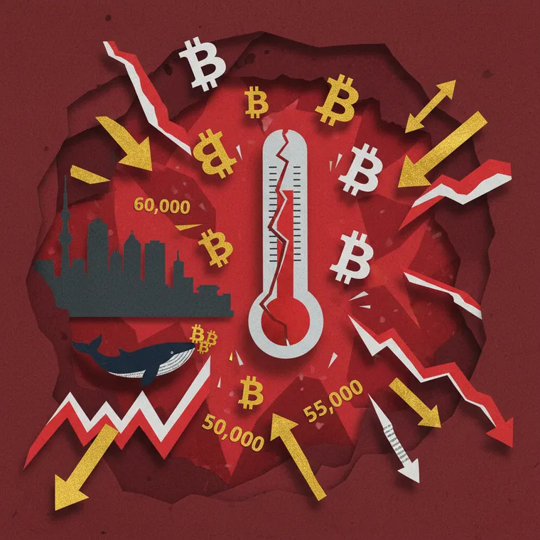 공포탐욕지수 극단적 공포를 나타내는 페이퍼컷 콜라주 일러스트, 비트코인과 아시아 시장 심볼