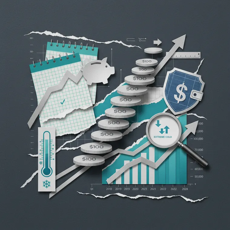 암호화폐 적립식 투자 DCA 전략을 상징하는 계단형 코인 스택과 공포지수 온도계 페이퍼컷 콜라주 일러스트