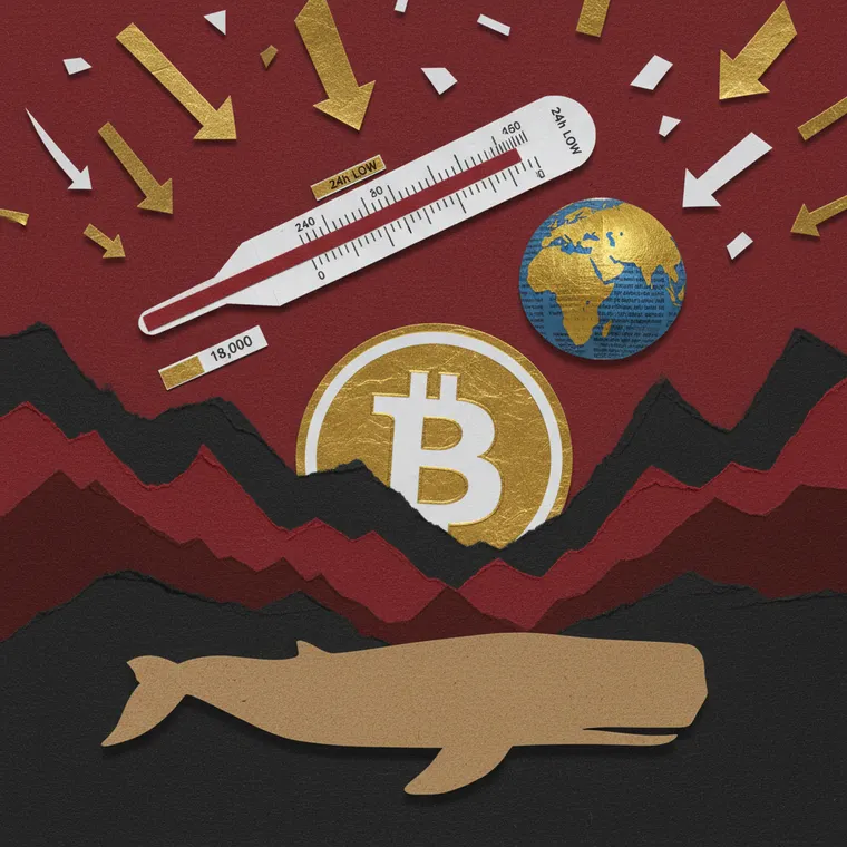 비트코인 하락과 극단적 공포를 표현한 페이퍼컷 콜라주 일러스트레이션