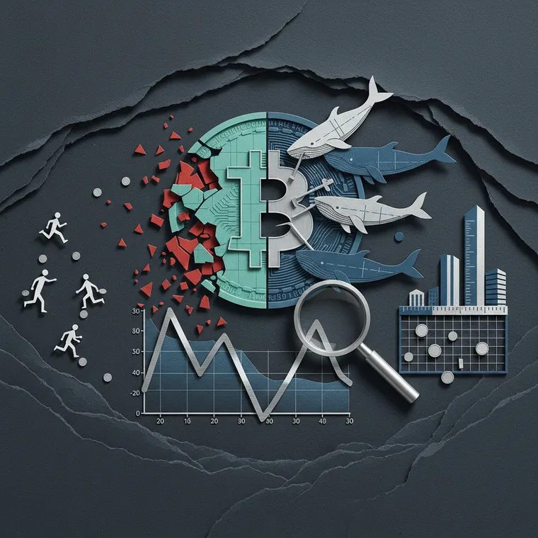 비트코인 RSI 과매도 구간에서 고래 매집을 표현한 페이퍼컷 콜라주 일러스트레이션