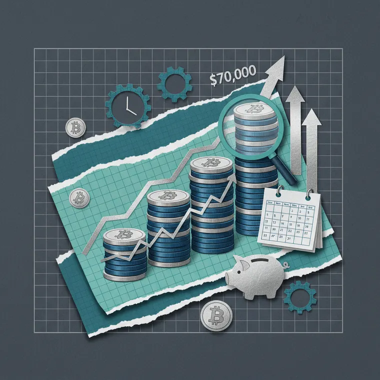 크립토 적립식 투자 DCA 전략을 상징하는 단계적 코인 성장 일러스트레이션
