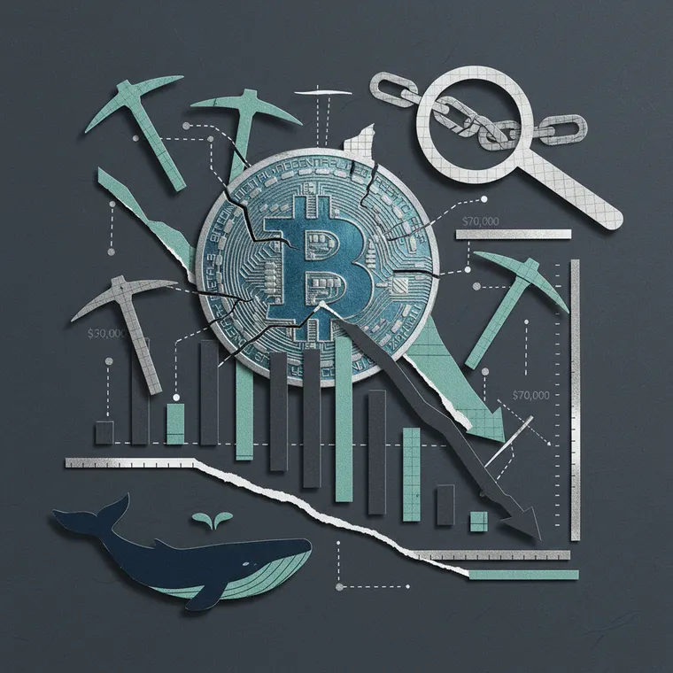 비트코인 온체인 바닥 시그널 분석 일러스트 — 채굴 장비와 하락 차트, 돋보기로 체인 데이터를 분석하는 페이퍼컷 콜라주