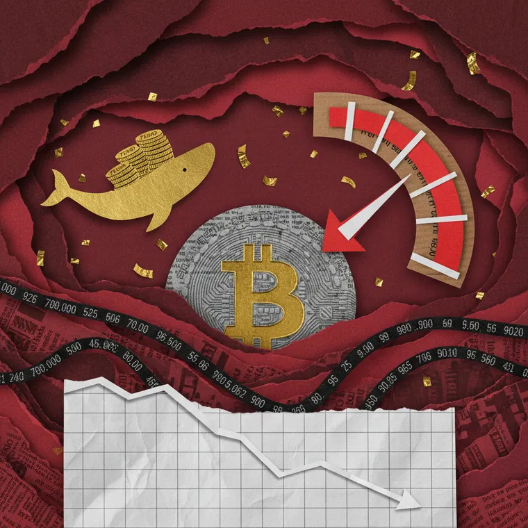 비트코인 하락과 고래 매집을 표현한 페이퍼컷 콜라주 일러스트레이션, 공포탐욕지수 극단적 공포 시장 브리핑