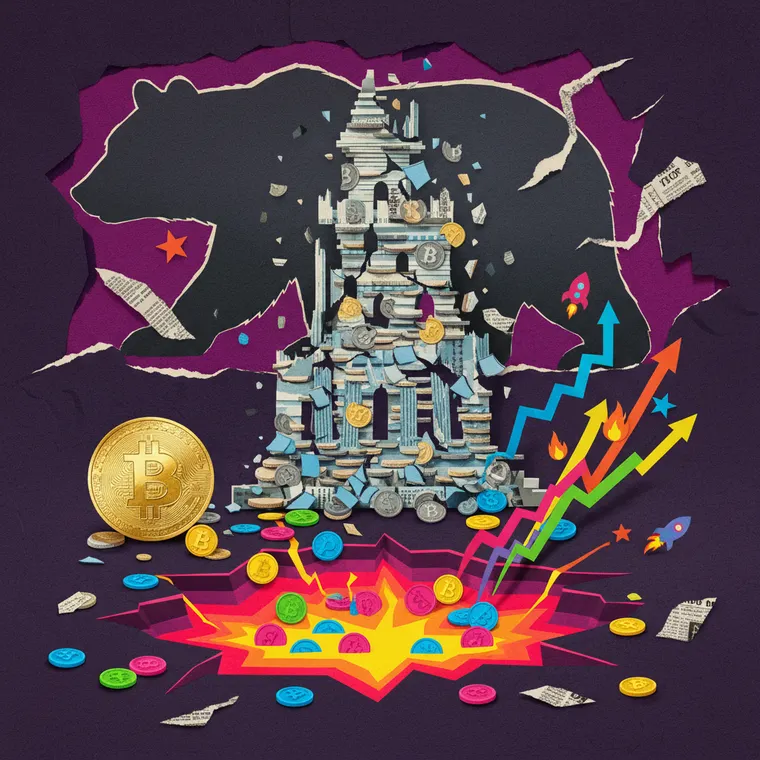 알트코인 시장 붕괴를 상징하는 무너지는 코인 타워와 균열 속 빛나는 바닥 페이퍼컷 콜라주 일러스트