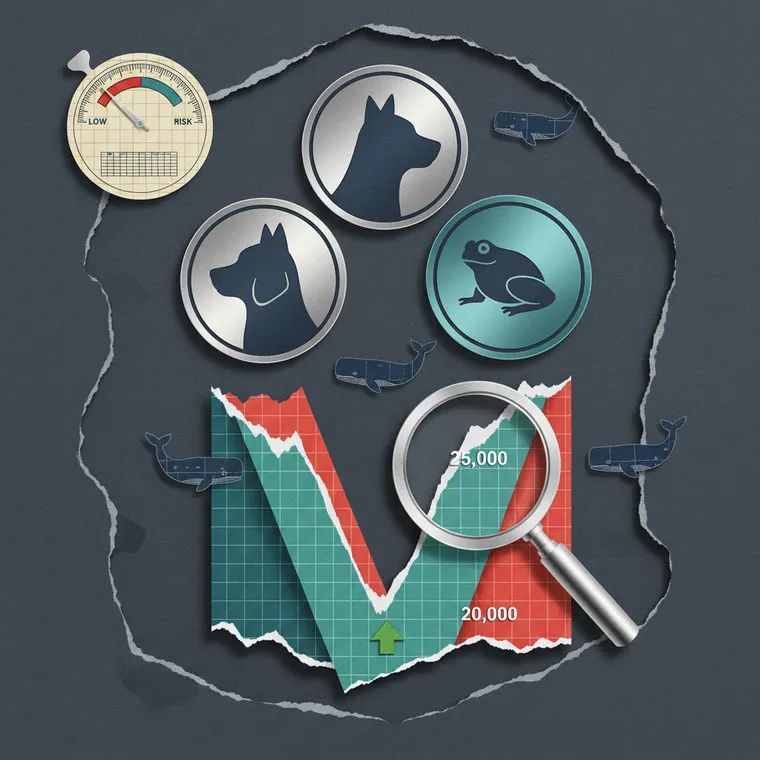 밈코인 DOGE SHIB PEPE 가격 하락과 바닥 신호를 나타내는 페이퍼컷 콜라주 일러스트레이션