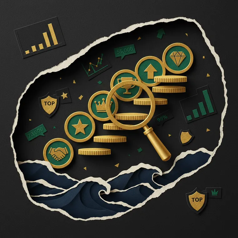 극단적 공포장에서 매수할 유망 코인 7선을 상징하는 금색과 에메랄드색 페이퍼컷 콜라주 일러스트